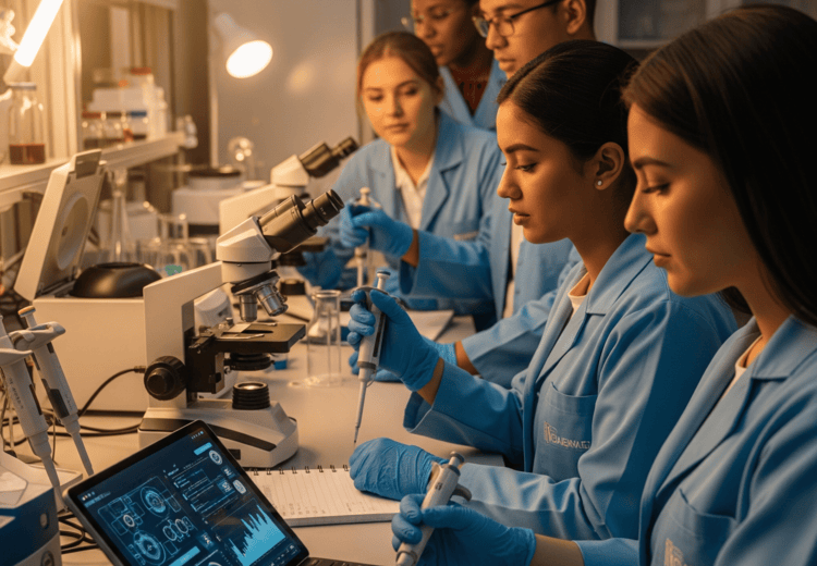 Modern graphic illustration representing a Biomedical Science degree, with neural pathways and glowing circuits.